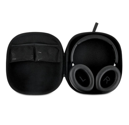 Over-ear gaming headset in black travel case with mesh pockets, ideal for gamers