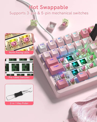 VK75 Wired Mechanical Keyboard with Multi-Function Knob, 75% Gaming Keyboard Gasket Mounted, Hot Swappable, Creamy Sound, Cherry Profile, PBT Keycaps, Pink