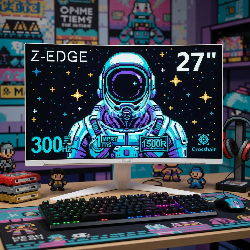 27-inch gaming monitor with pixel astronaut, RGB keyboard, mouse, and retro gaming decor