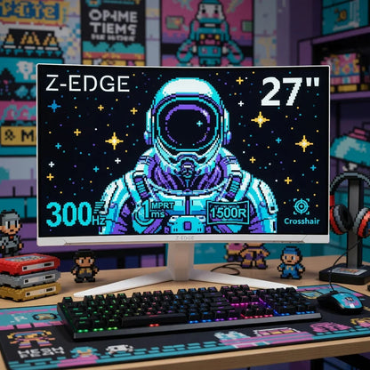 27-inch gaming monitor with pixel astronaut, RGB keyboard, mouse, and retro gaming decor