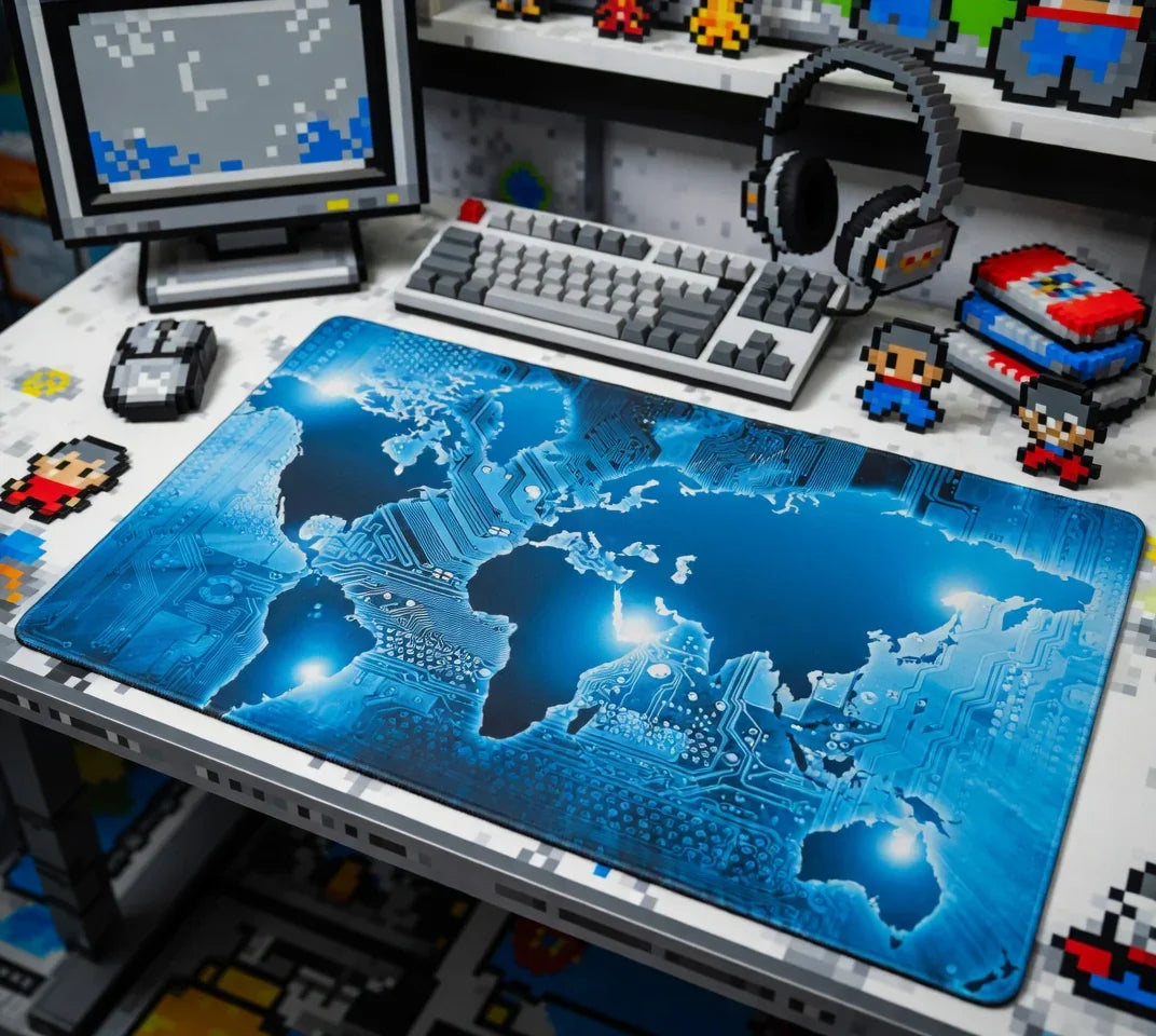 Retro gaming desk setup with 8-bit decor, mechanical keyboard, and world map mouse pad