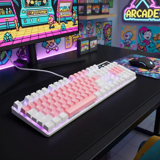 Pink and white mechanical gaming keyboard on a desk in a retro 8-bit arcade room setup