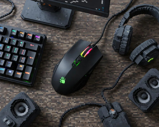 Retro 8-bit style gaming setup with RGB keyboard, mouse, headset, and speakers on pixelated desk