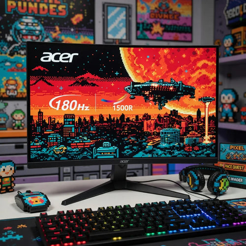 Acer gaming monitor with 180Hz, 1500R curve, pixel art cityscape, RGB keyboard and headset
