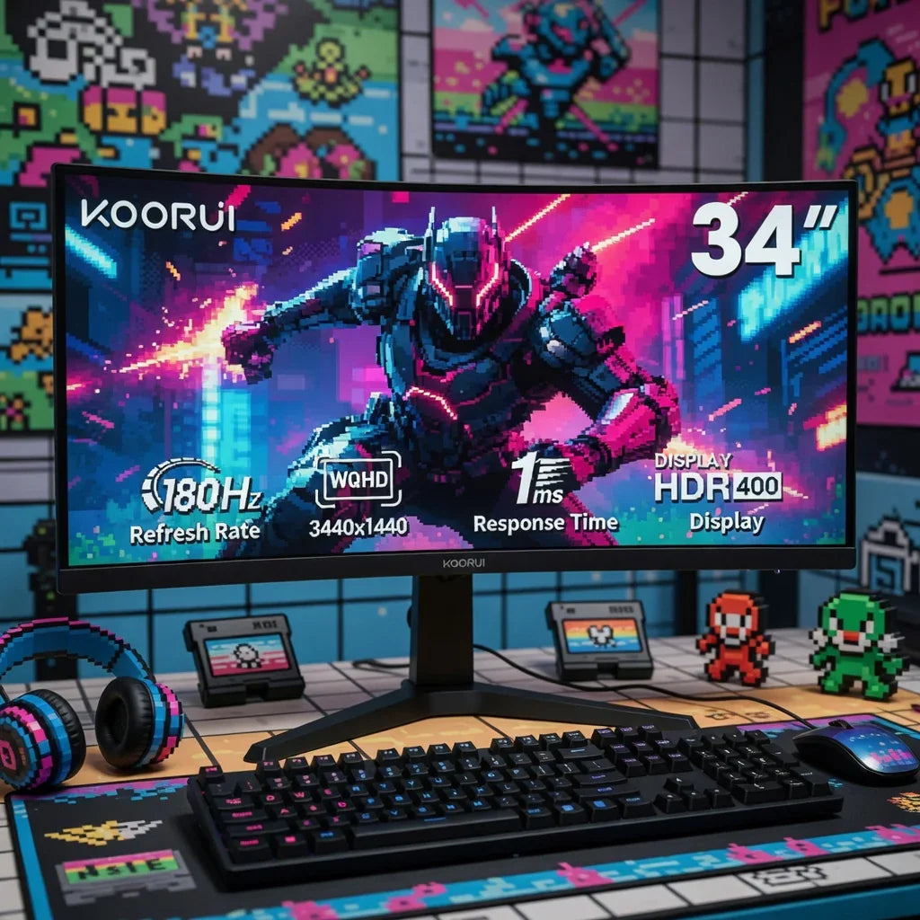 Ultra-wide gaming monitor setup with 8-bit pixel art, gaming keyboard, mouse, and headphones