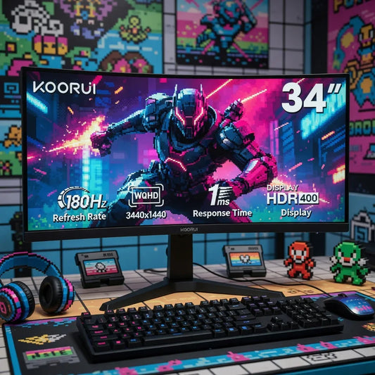 Ultra-wide gaming monitor setup with 8-bit pixel art, gaming keyboard, mouse, and headphones