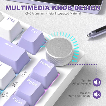 AK820 Mechanical Keyboard with CNC Knob Control,82Keys Gasket Mount Wired Gaming Keyboard,75% ANSI Layout,5 Sound Absorbing Foam,Hot-Swappable,White Backlit,For PC,MAC (White&Purple)
