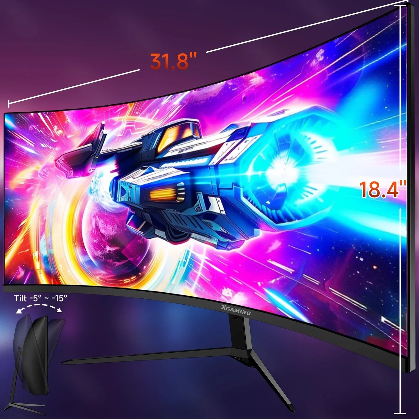 Curved XGaming 31.8-inch 18.4-inch gaming monitor with space shooter game graphics and tilt adjustment