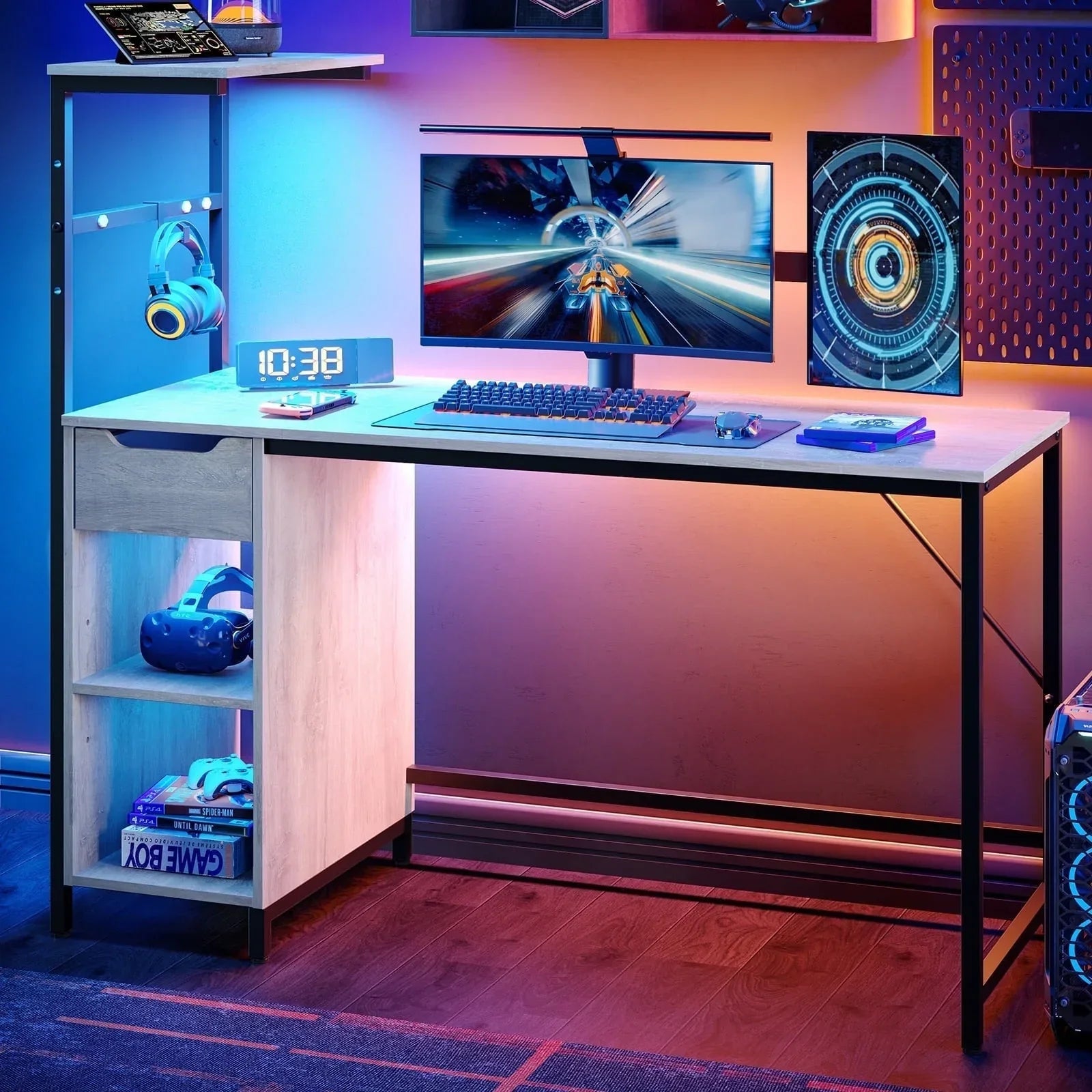 Home Office Desk Computer Gaming PC Study Table with Adjustable Shelf and LED Lights, Light Gray