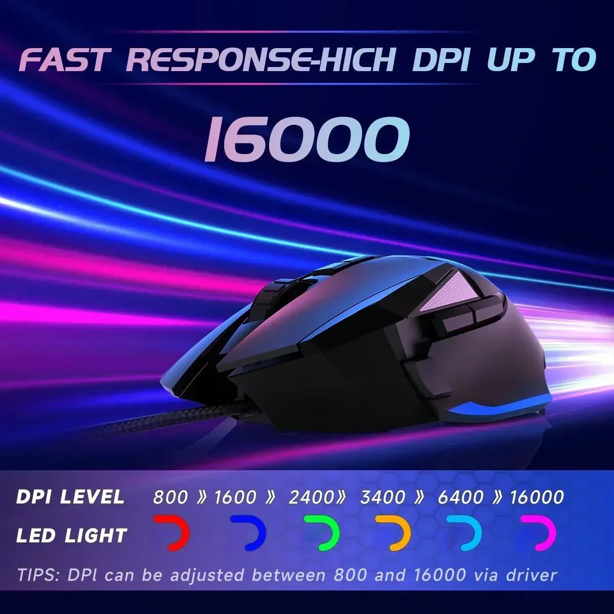 RGB Optical Gaming Mouse Wired with 6 Adjustable DPI Lightweight Black