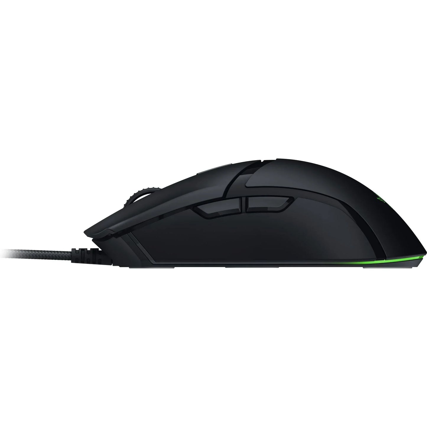 Black wired gaming mouse with ergonomic design and side buttons on white background