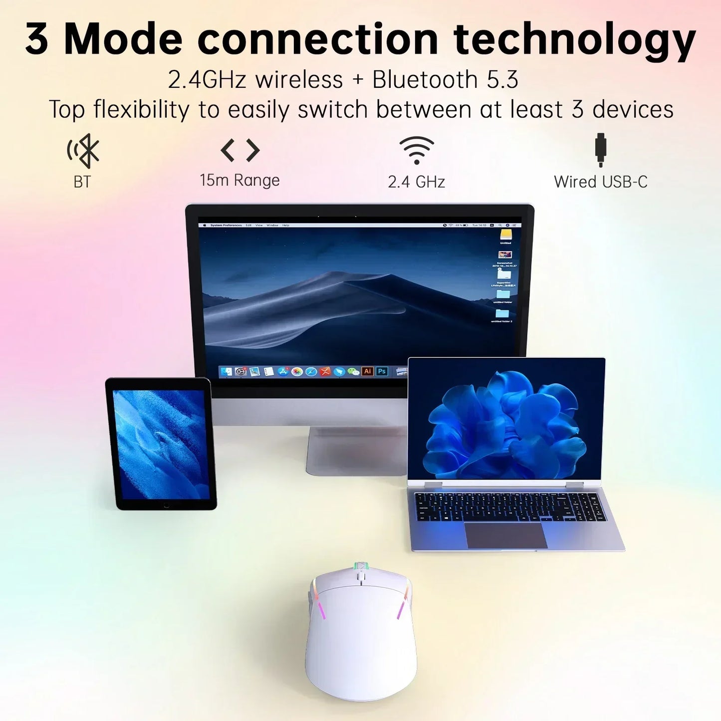 Wireless Gaming Mouse,24000Dpi Adjustable,6 Programmable Buttons,75H Battery,3 Mode 2.4Ghz/Bluetooth 5.3/USB-C Wired, Rechargeable Gaming Mice for Pc,Mac,Computer,Laptop,Tablet-White