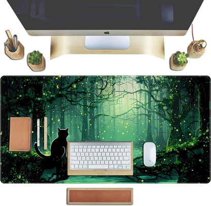 Gaming desk setup with large forest-themed mouse pad featuring glowing fireflies and black cat silhouette, keyboard, mouse, and wooden accessories