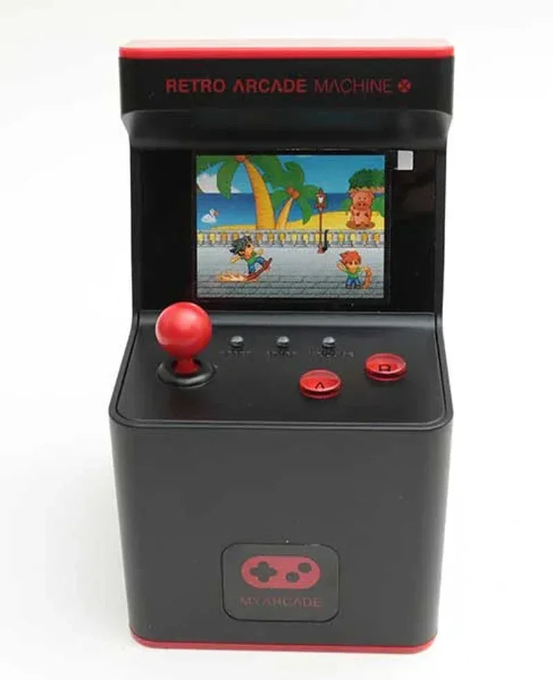 Mini retro arcade machine with joystick, buttons, and 8-bit game screen, modern gaming gear