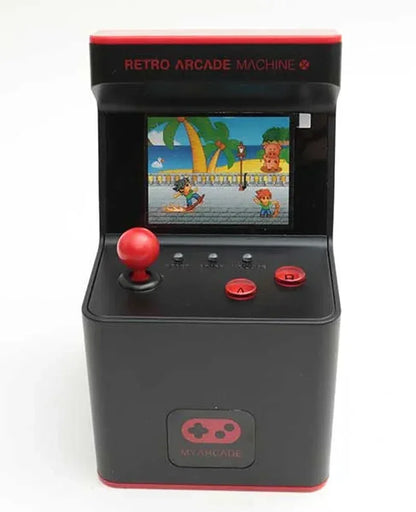 Mini retro arcade machine with joystick, buttons, and 8-bit game screen, modern gaming gear