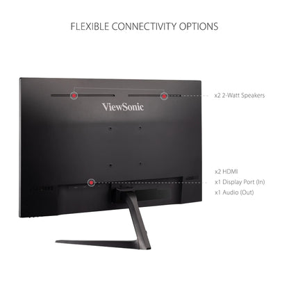 ViewSonic monitor back view showcasing flexible connectivity options with dual 2-watt speakers, 2 HDMI ports, Display Port, and audio out