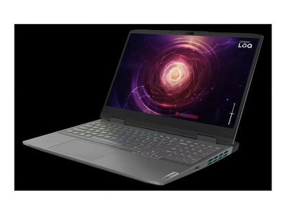 Lenovo LOQ gaming laptop with RGB keyboard and futuristic screen graphic on black background