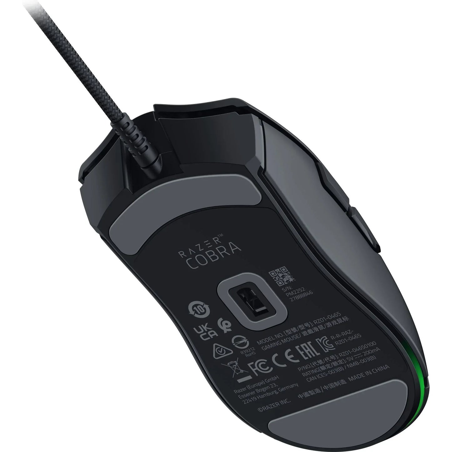 Bottom view of Razer Cobra gaming mouse with sensor, large glide pads, and braided USB cable