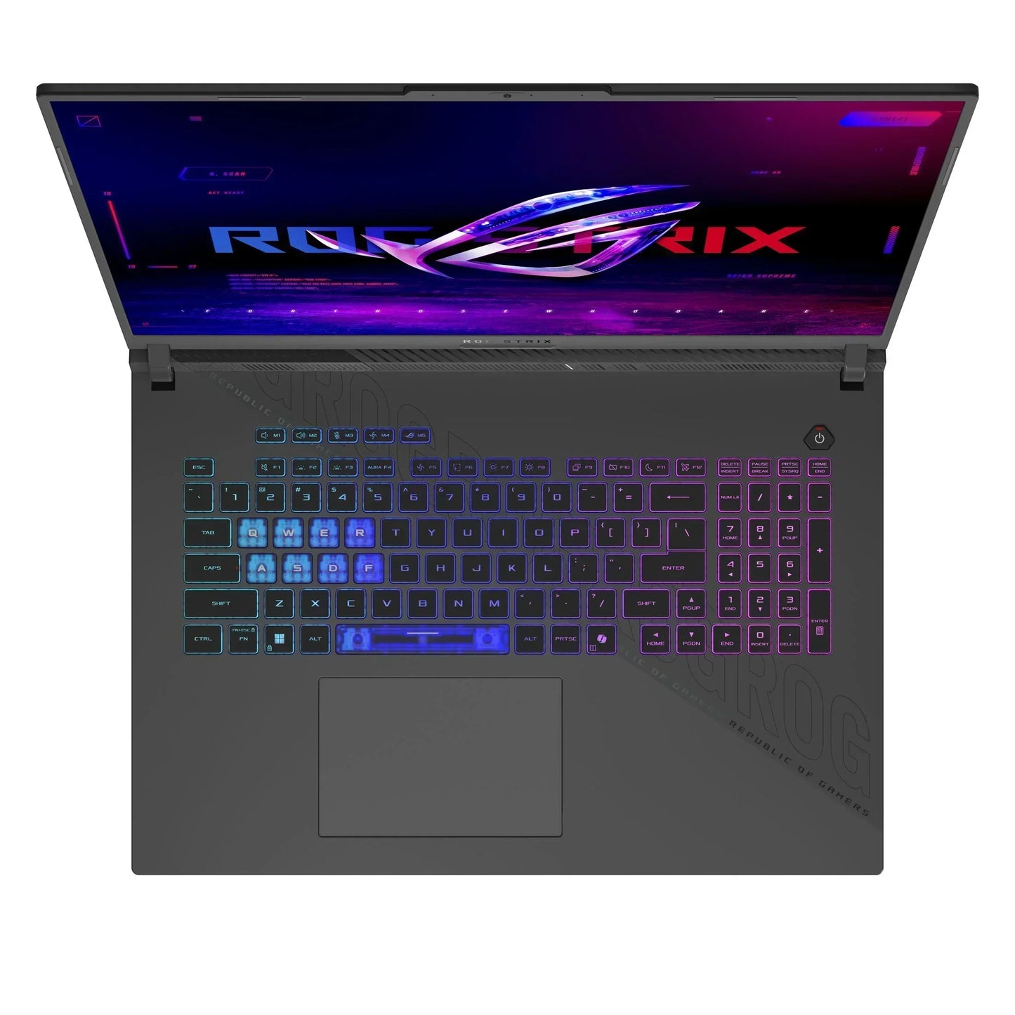 RGB backlit gaming laptop keyboard with highlighted WASD keys and open display screen