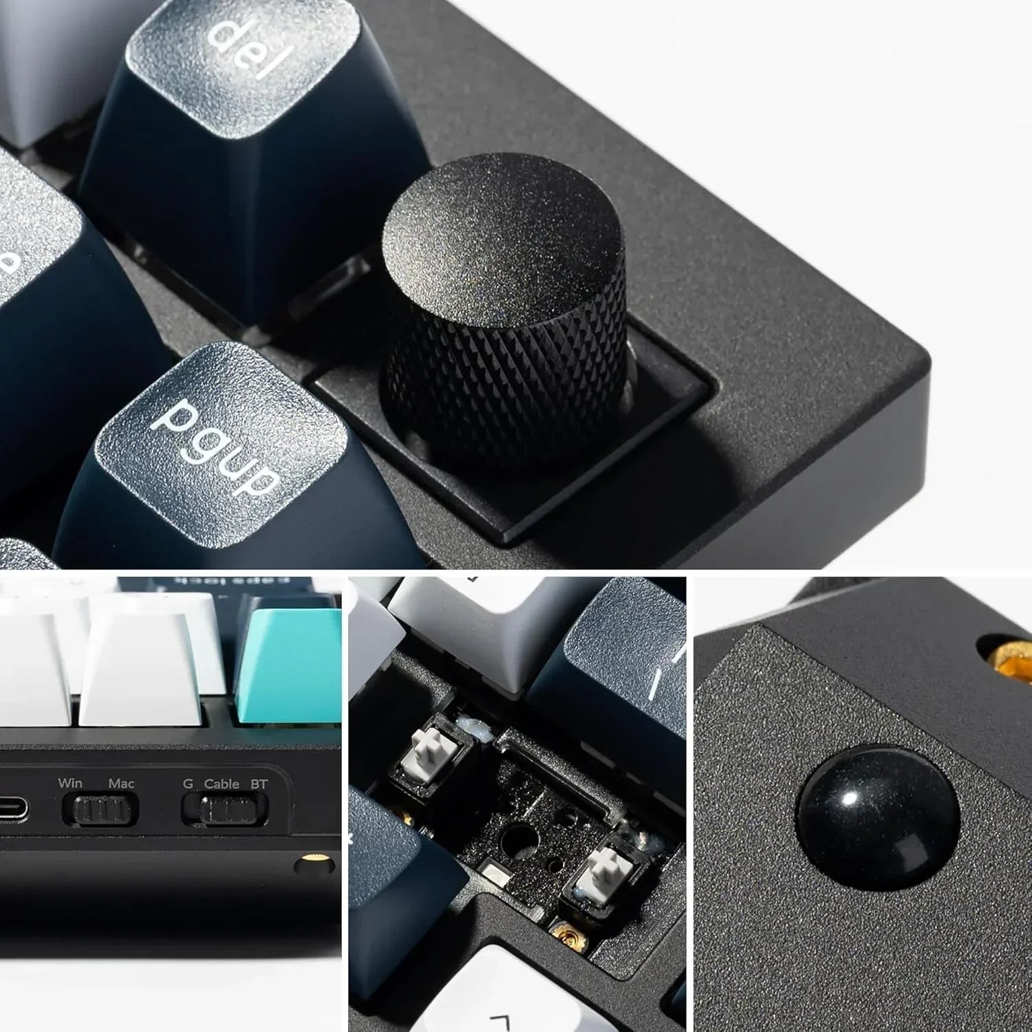 Close-up of a retro 8-bit style mechanical gaming keyboard with textured volume knob, key switches, and USB connectivity, from Byte Style.