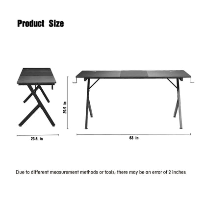 Black metal desk with X-shaped legs showing dimensions 63x23.6x29.9 inches
