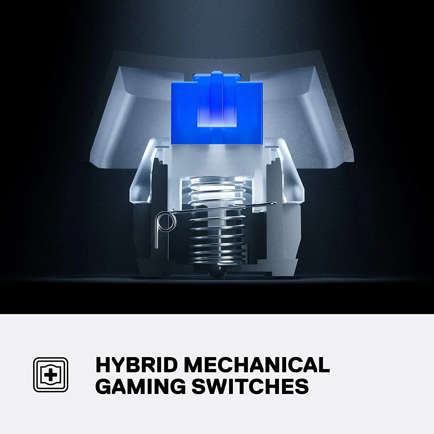 Close-up of blue hybrid mechanical gaming switch with spring, Byte Style keyboard gear