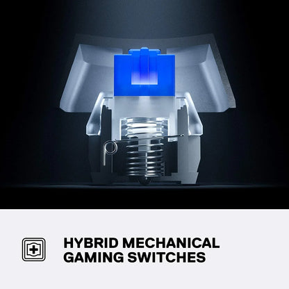 Close-up of blue hybrid mechanical gaming switch with spring, Byte Style keyboard gear