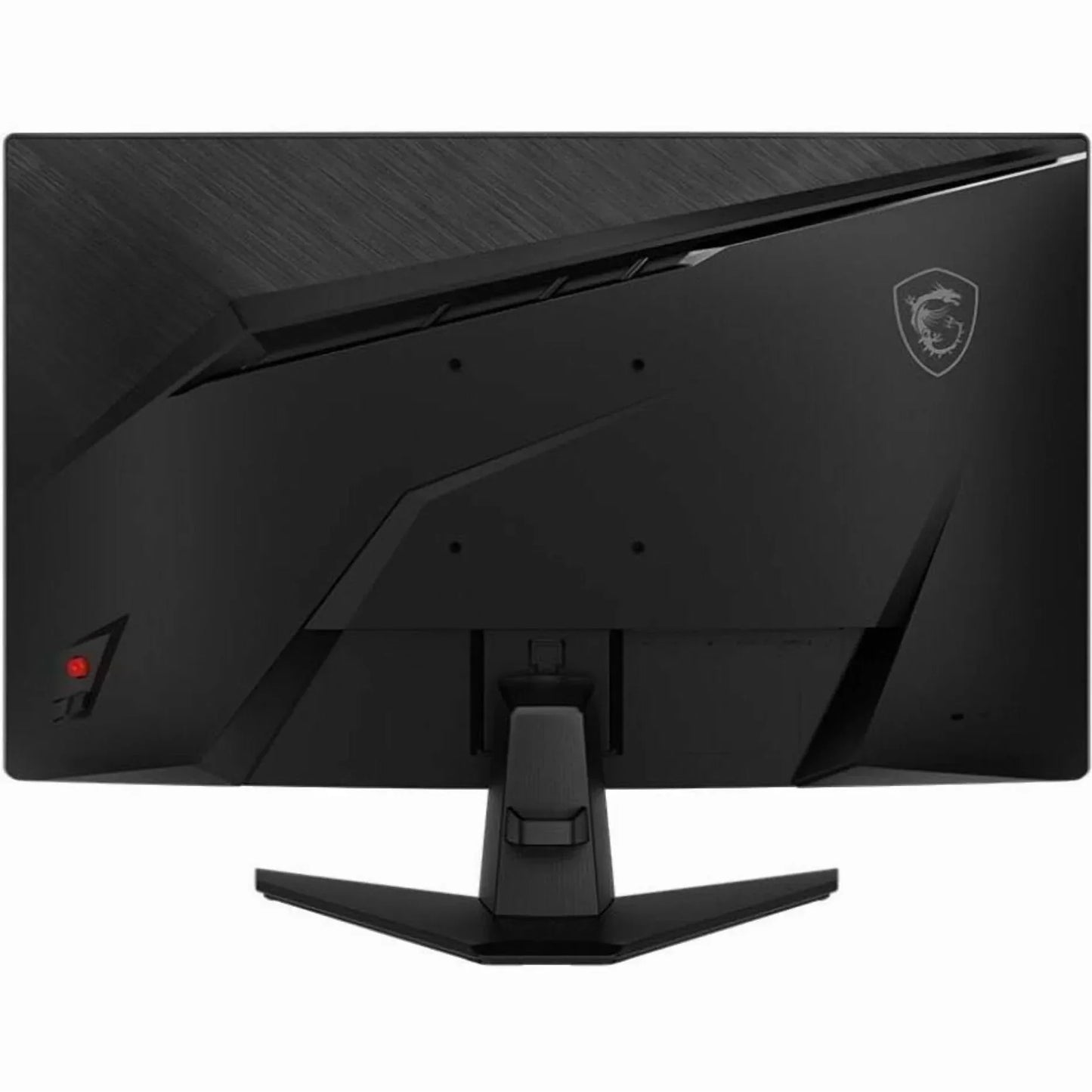 Back view of a black MSI gaming monitor with angular design and stand, featuring MSI dragon logo