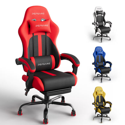 Red and black RSPGAME gaming chair with lumbar support, shown with white, blue, and yellow color options for PC setup