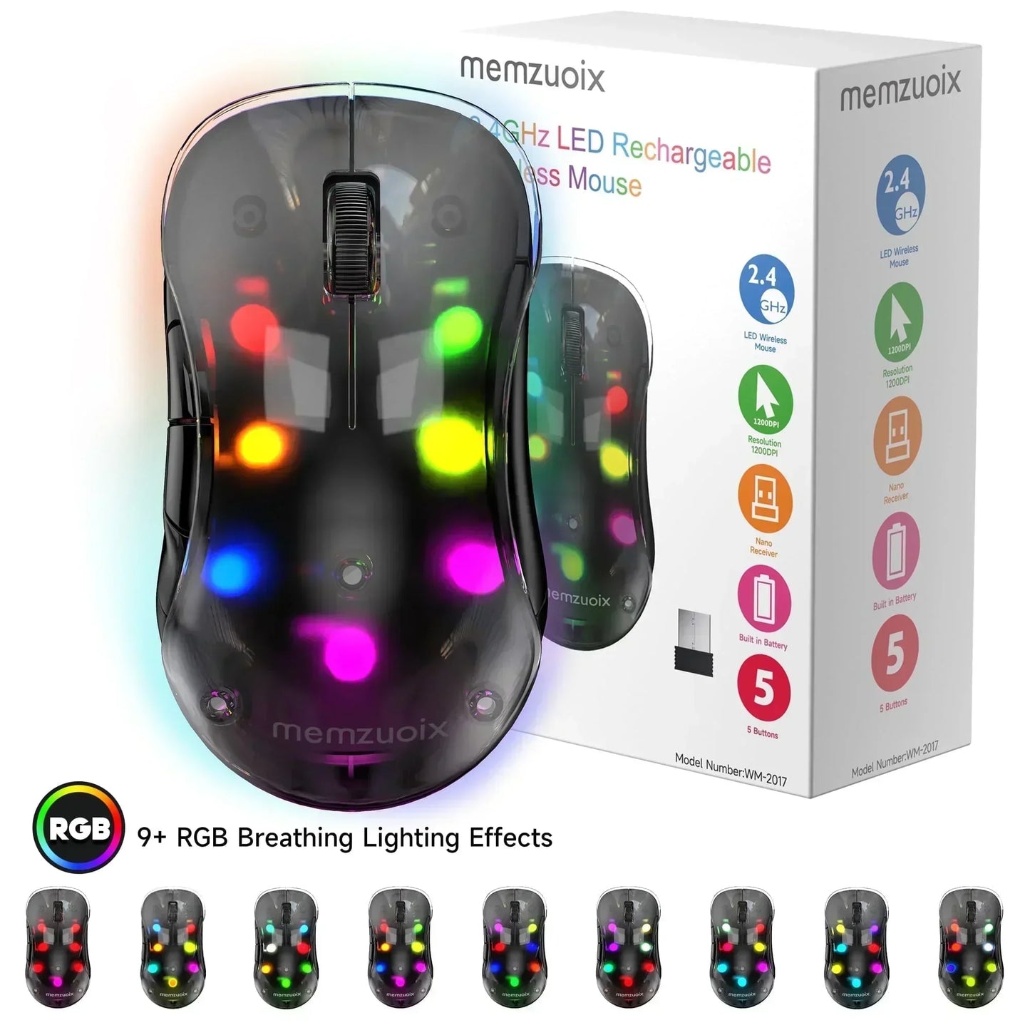 Wireless RGB gaming mouse with transparent black shell, colorful LED lights, and packaging box