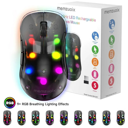 Wireless RGB gaming mouse with transparent black shell, colorful LED lights, and packaging box