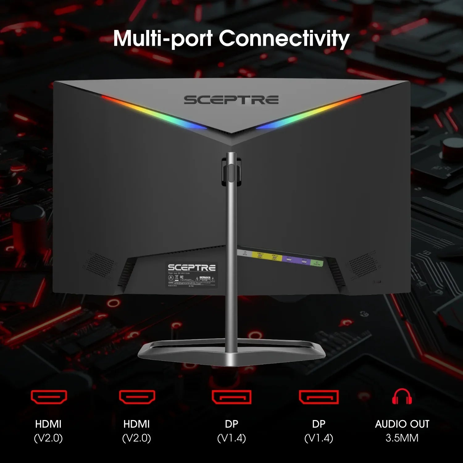 Back view of Sceptre gaming monitor with RGB light strips, multi-port connectivity including HDMI, DP, and audio out