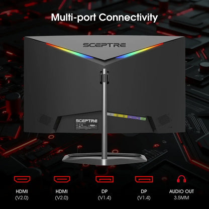 Back view of Sceptre gaming monitor with RGB light strips, multi-port connectivity including HDMI, DP, and audio out