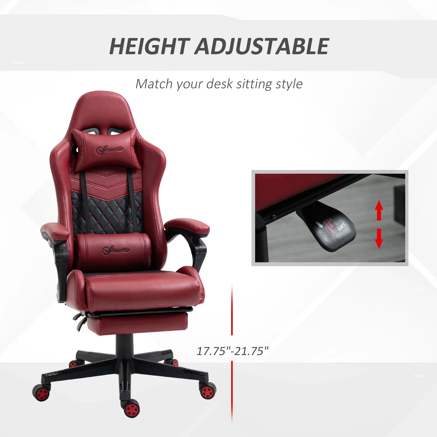 Red and black adjustable gaming chair with lumbar and neck pillows, height adjustable 17.75-21.75 inches