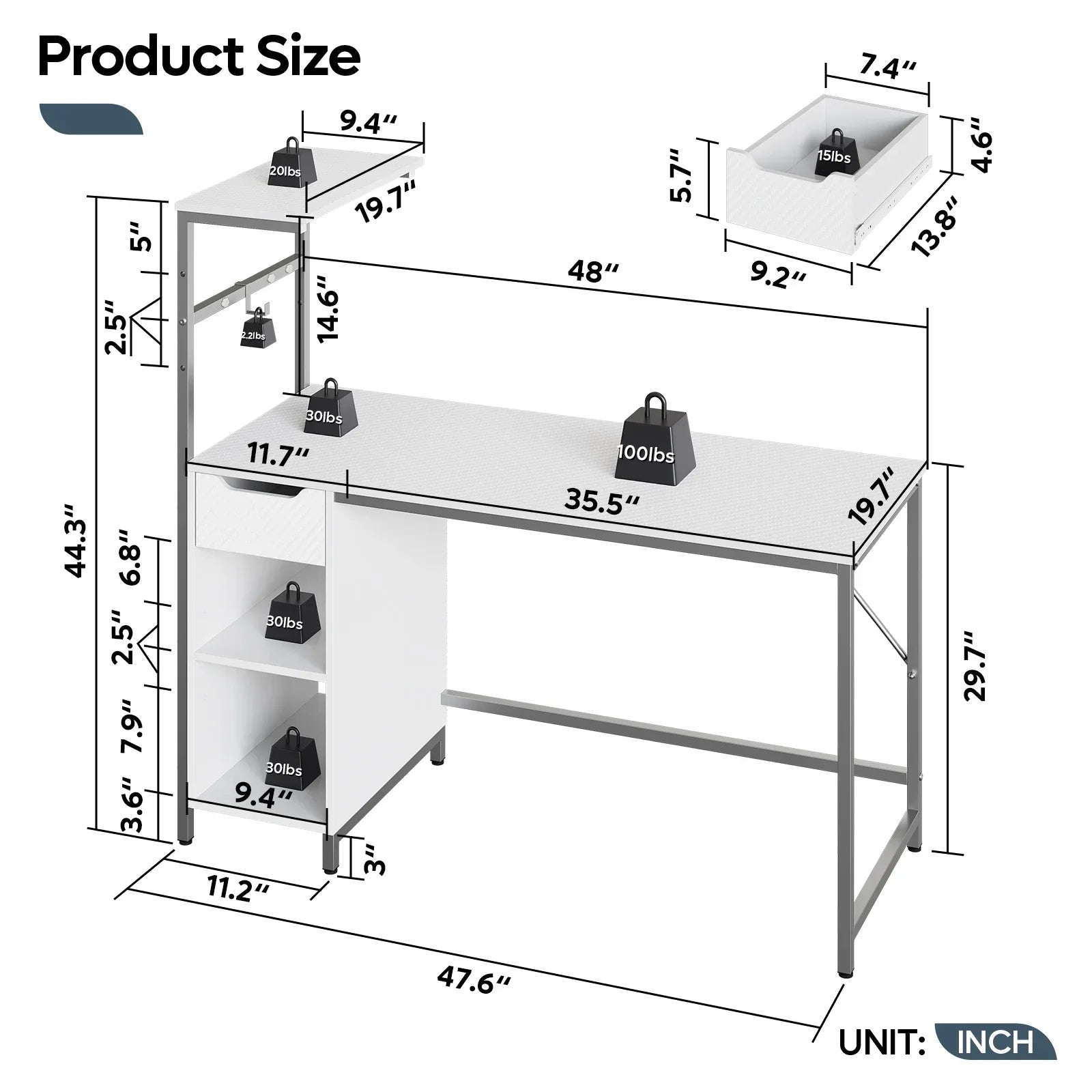 White office desk with metal frame, shelves, drawer, and detailed size and weight limits in inches