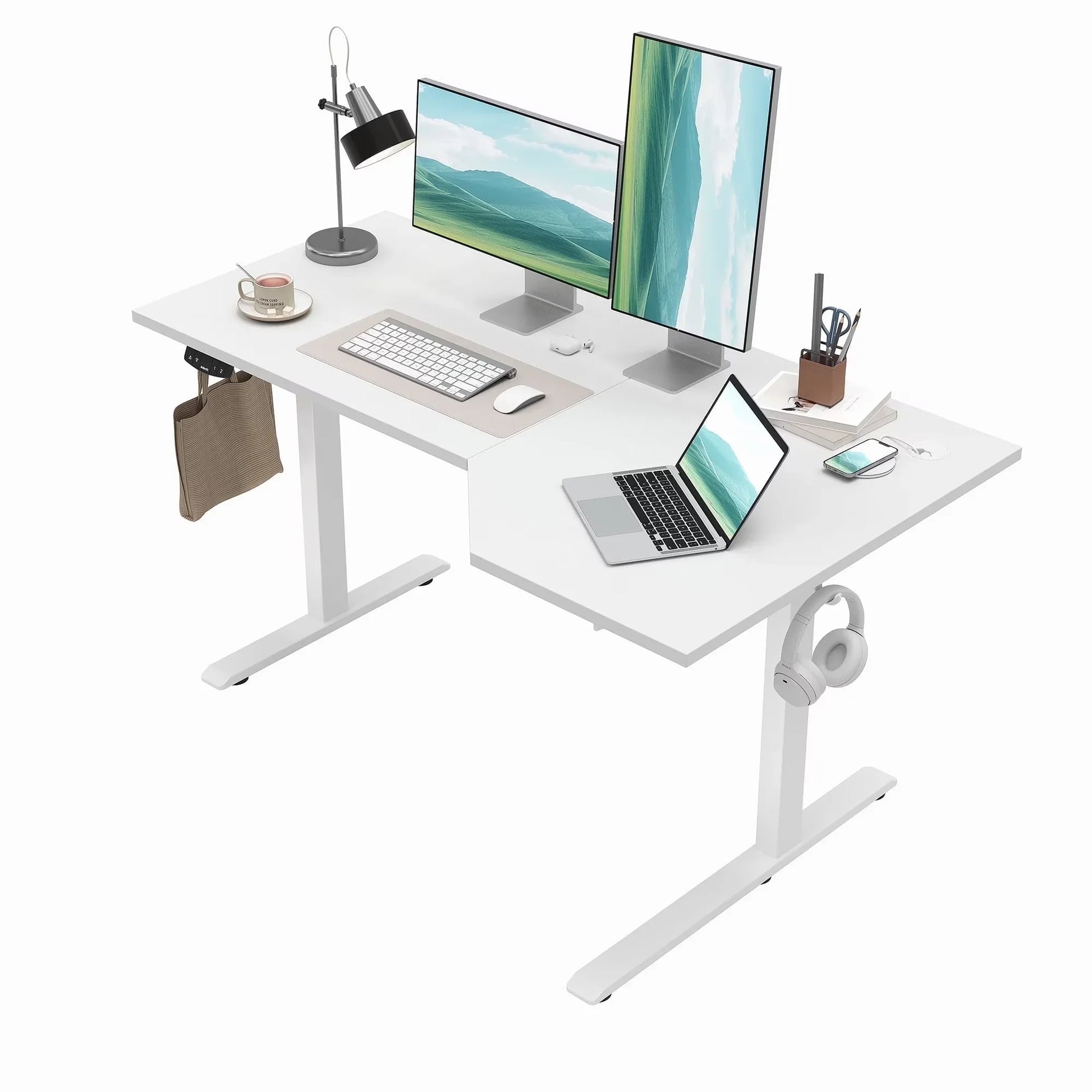 55.1 Inch Electric L-Shaped Height Adjustable Standing Desk, Sit to Stand Corner Desk with Memory Presets and Hooks, Ergonomic Home Office Computer Desk for Workstations, Rustic Brown