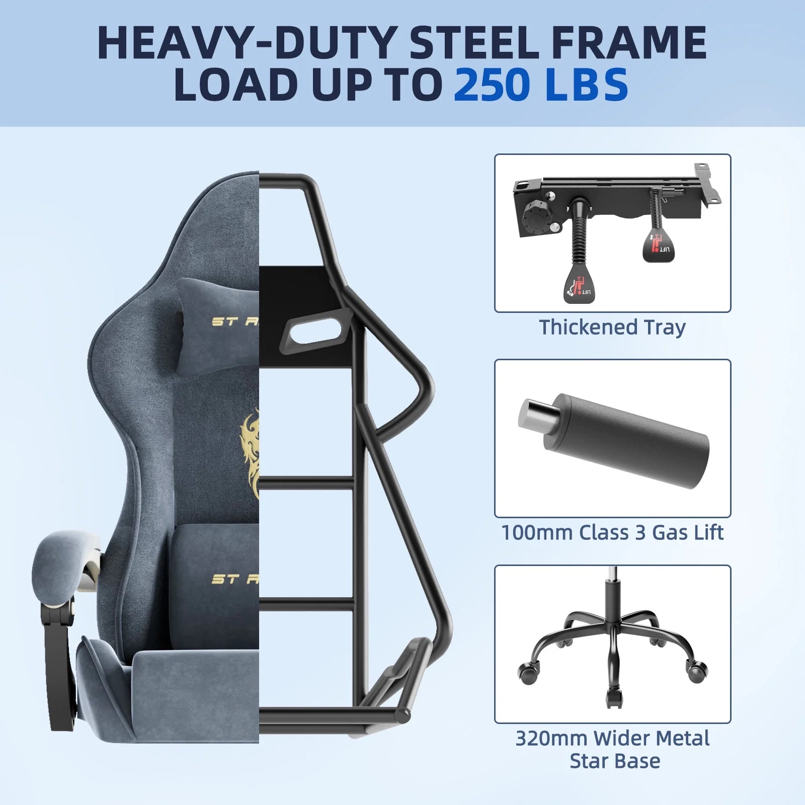 Blue gaming chair with heavy-duty steel frame, 250 lbs capacity, thickened tray, Class 3 gas lift, wide star base