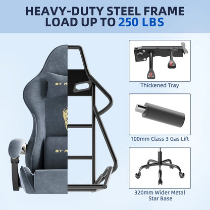 Blue gaming chair with heavy-duty steel frame, 250 lbs capacity, thickened tray, Class 3 gas lift, wide star base