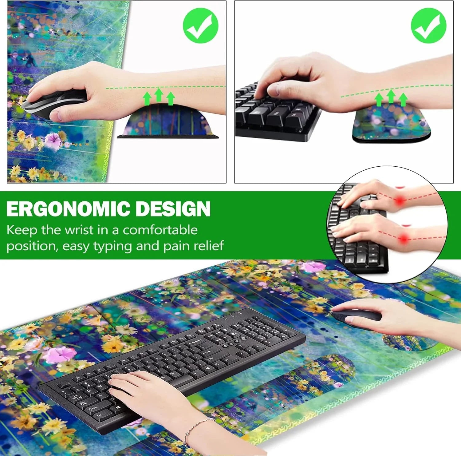 Ergonomic wrist support pad with colorful floral design for comfortable typing and mouse use