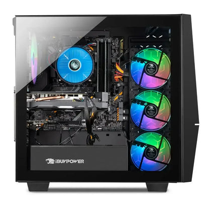 iBUYPOWER gaming PC with RGB cooling fans and transparent side panel showing internal components