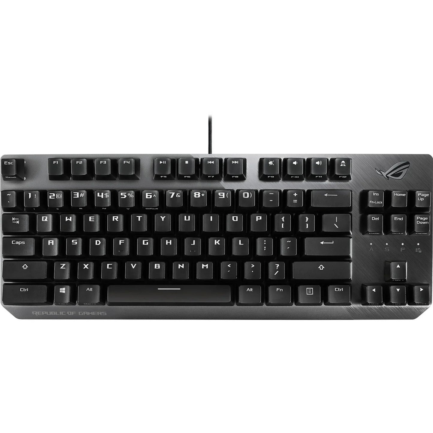 Black ASUS Republic of Gamers wired gaming mechanical keyboard with media and volume keys