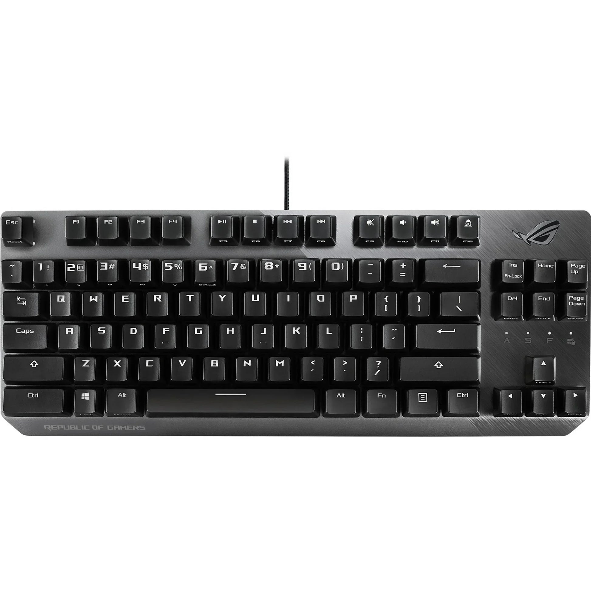 Black ASUS Republic of Gamers wired gaming mechanical keyboard with media and volume keys