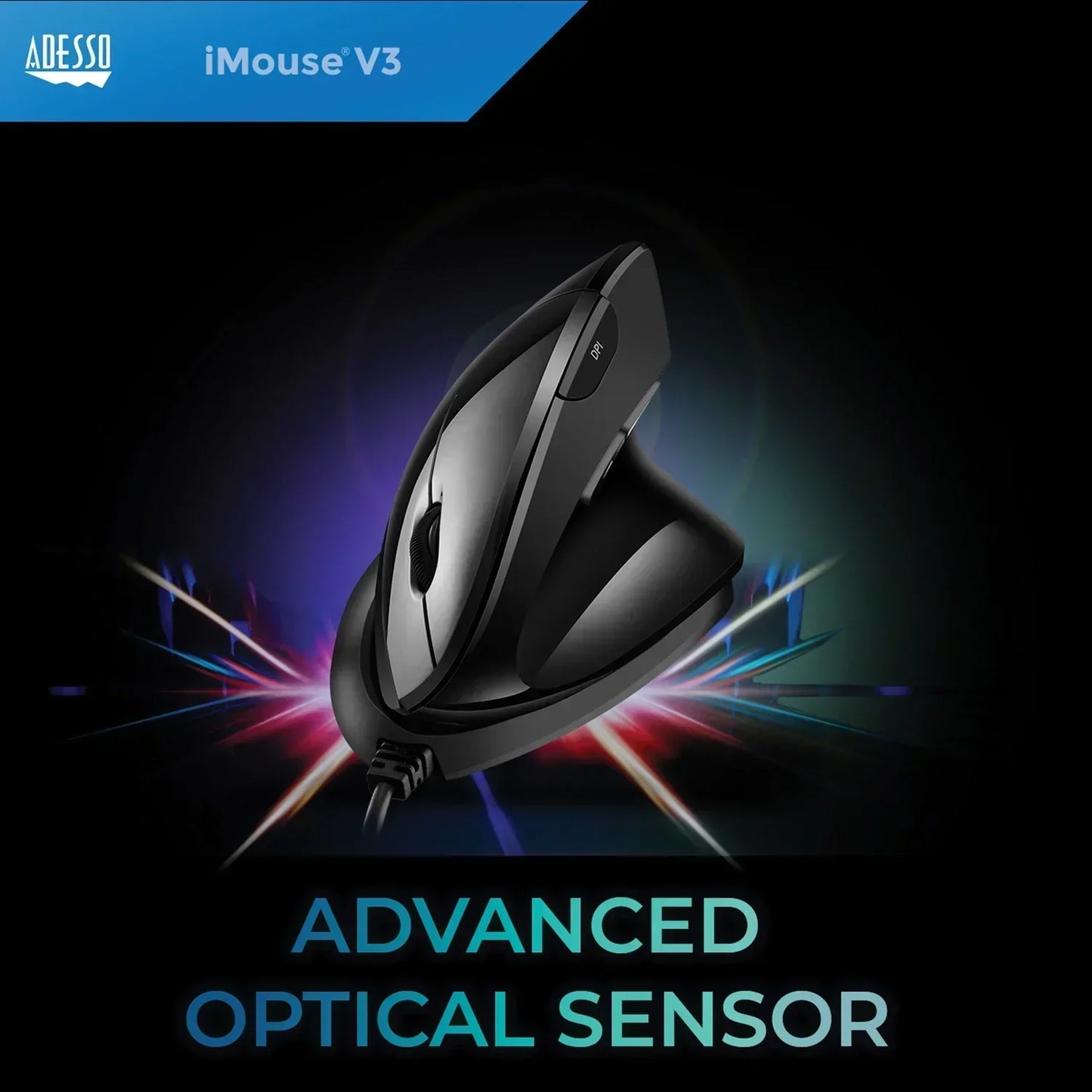 Black ergonomic vertical gaming mouse with advanced optical sensor, on a dark background.