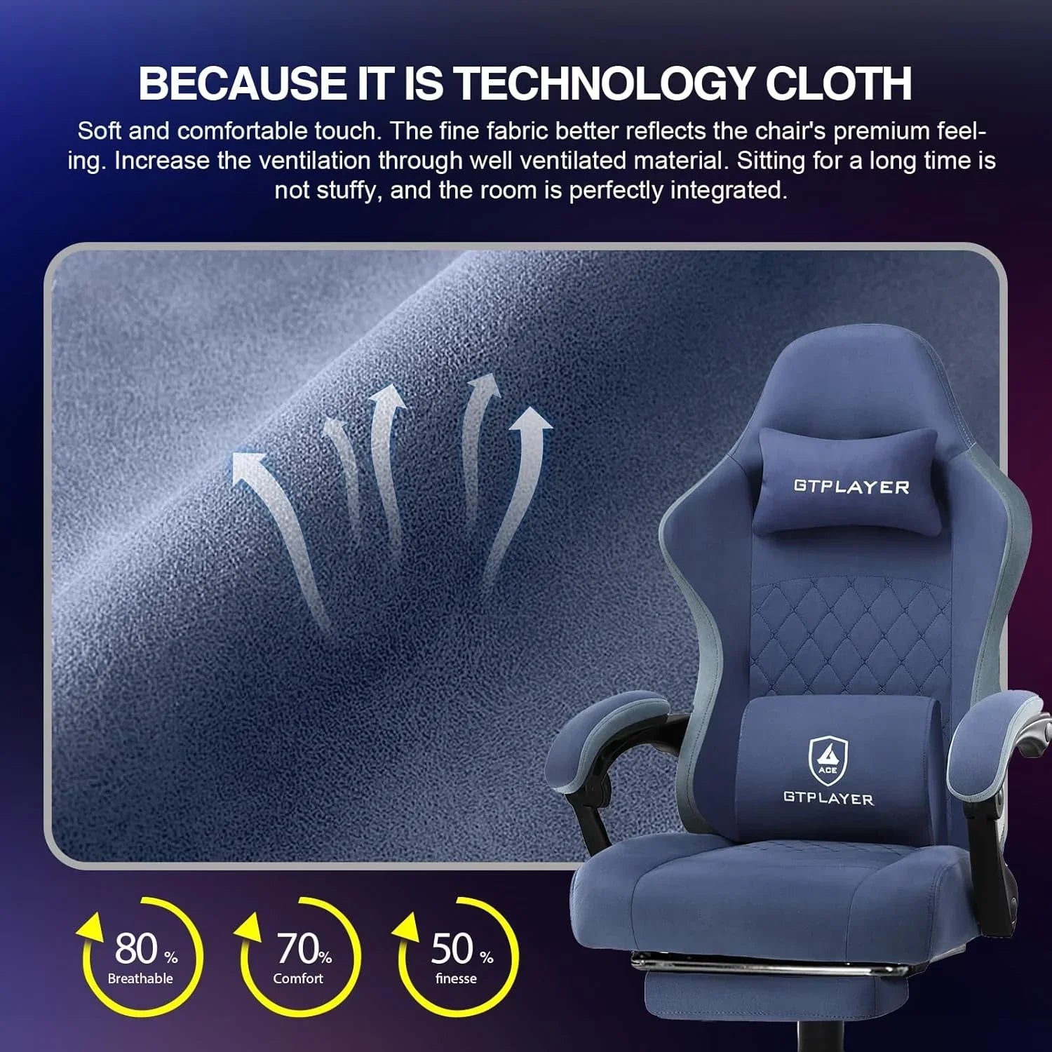 Blue GTPLAYER gaming chair with breathable technology fabric and ergonomic cushions