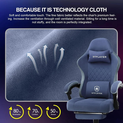 Blue GTPLAYER gaming chair with breathable technology fabric and ergonomic cushions