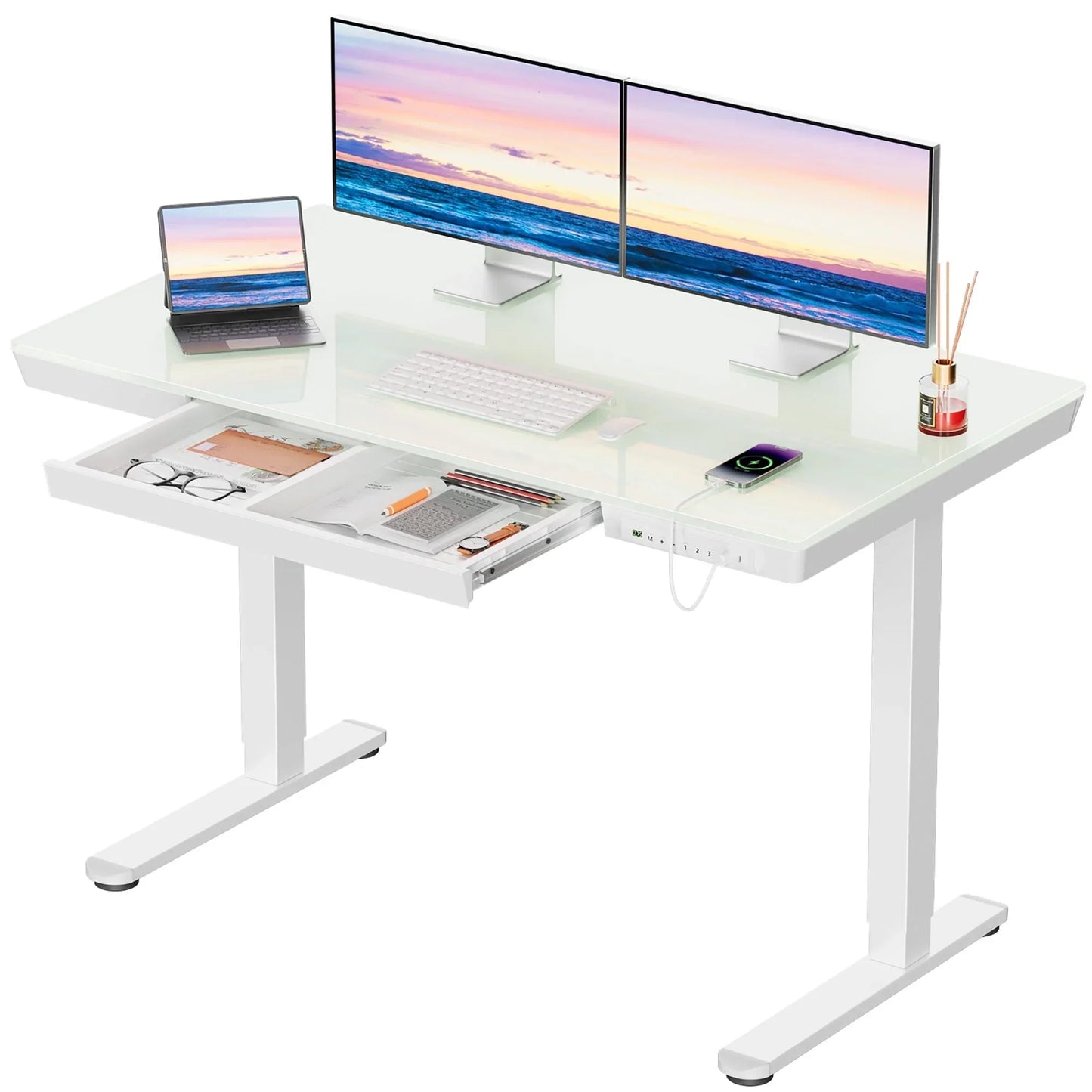 Glass Top Electric Standing Desk with Drawer, 48'' X 24'' Electric Height Adjustable Desk with USB Charging Ports, Sit Stand up for Home Office