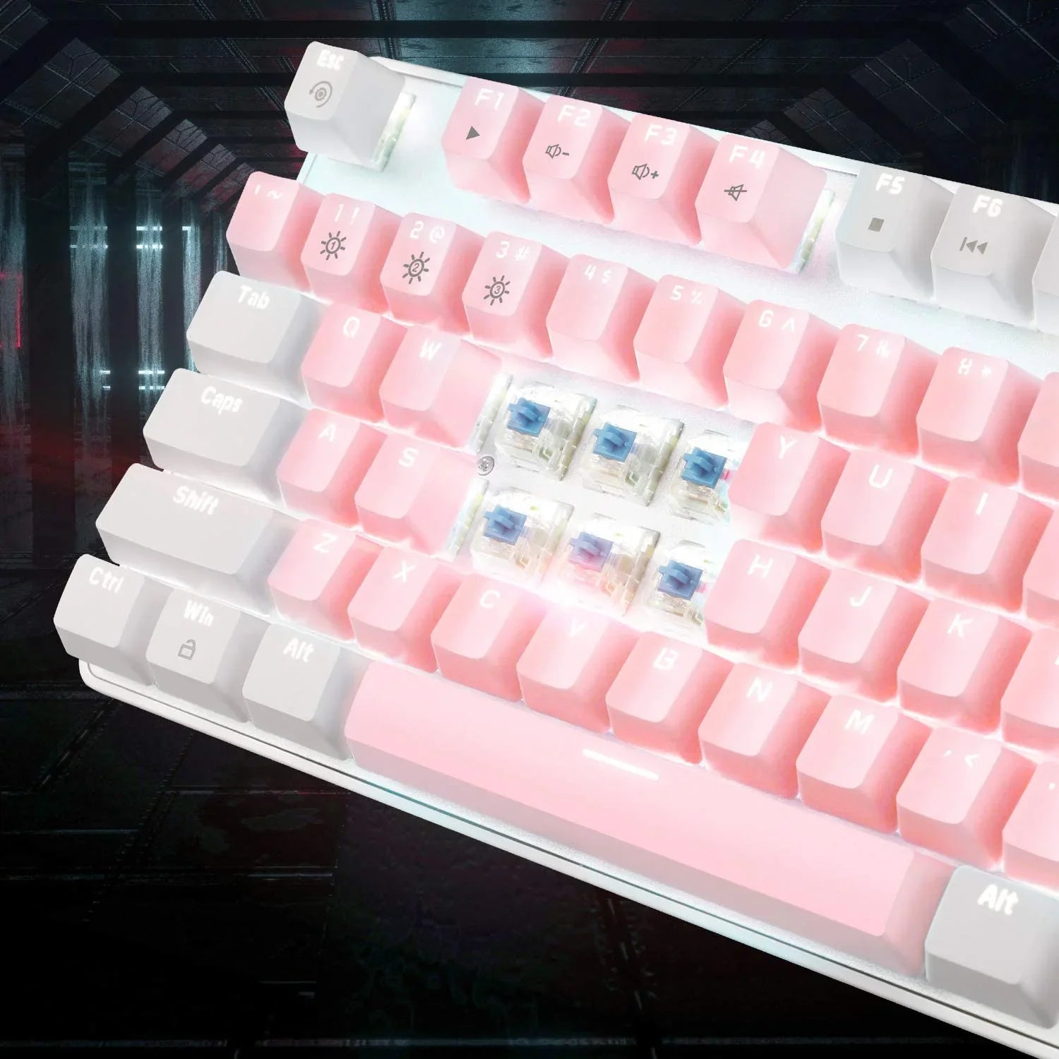 Close-up of a custom mechanical gaming keyboard with pink and white keycaps and visible blue switches