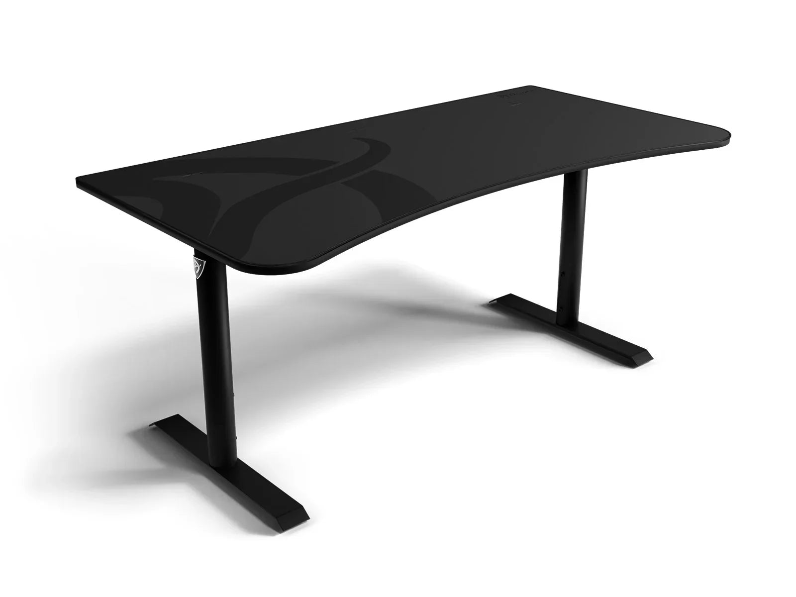 Modern black curved gaming desk with sturdy metal legs on white background
