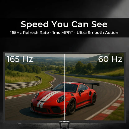Side-by-side display of a red sports car on racetrack showing 165Hz vs 60Hz refresh rate comparison