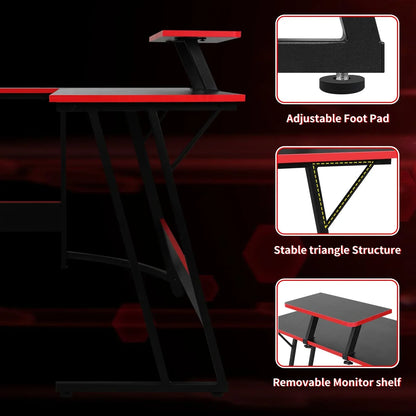 Black and red gaming desk with adjustable foot pads, stable triangle frame, and removable monitor shelf
